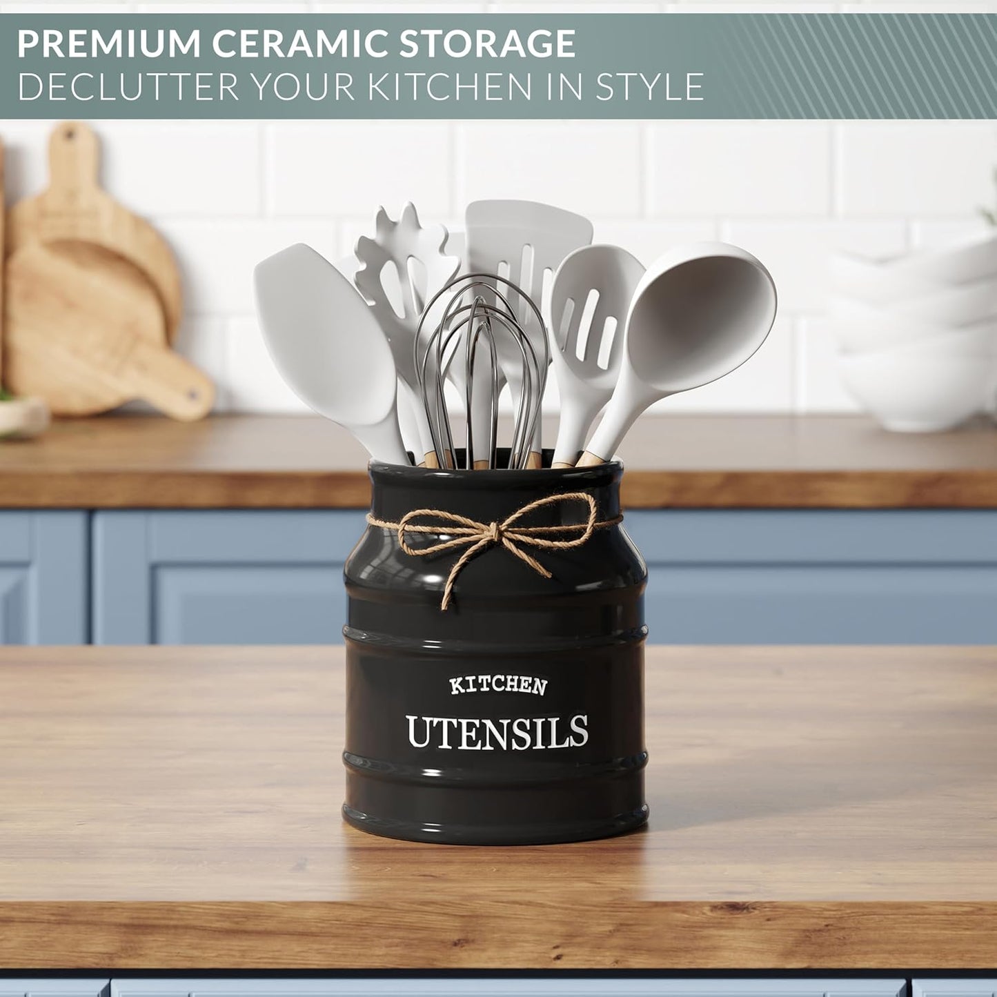 Barnyard Designs Ceramic Farmhouse Utensil Holder for Kitchen Counter, Large Rustic Utensil Crock, Countertop Cooking Tool Spatula Organizer, 6.75” (Black)