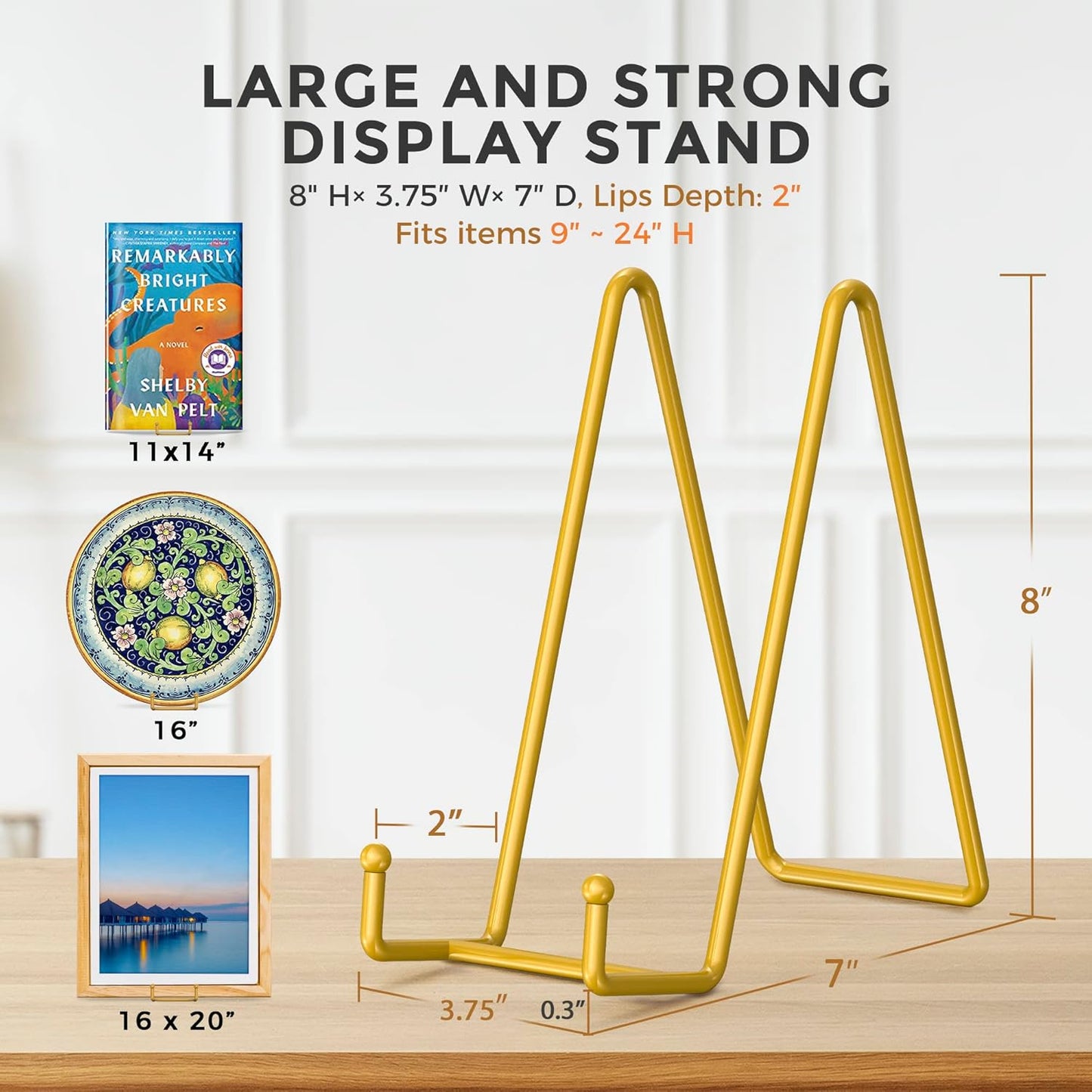 TR-LIFE 8 Inch Large Plate Stands for Display - Metal Plate Holder Display Stand + Frame Holder Stand for Picture, Decorative Plate, Platter, Plaques, Book, Photo Easel Tabletop (Gold 2 Pack)