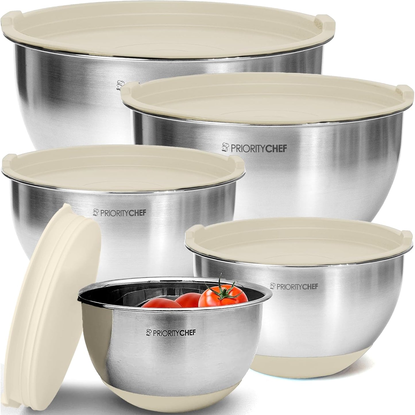 Priority Chef Premium Mixing Bowls With Airtight Lids Set, Thicker Stainless Steel Mixing Bowl Set, Large Prep Metal Bowls with Lids, Nesting Bowls for Kitchen, 1.5/2/3/4/5 Qrt, Khaki