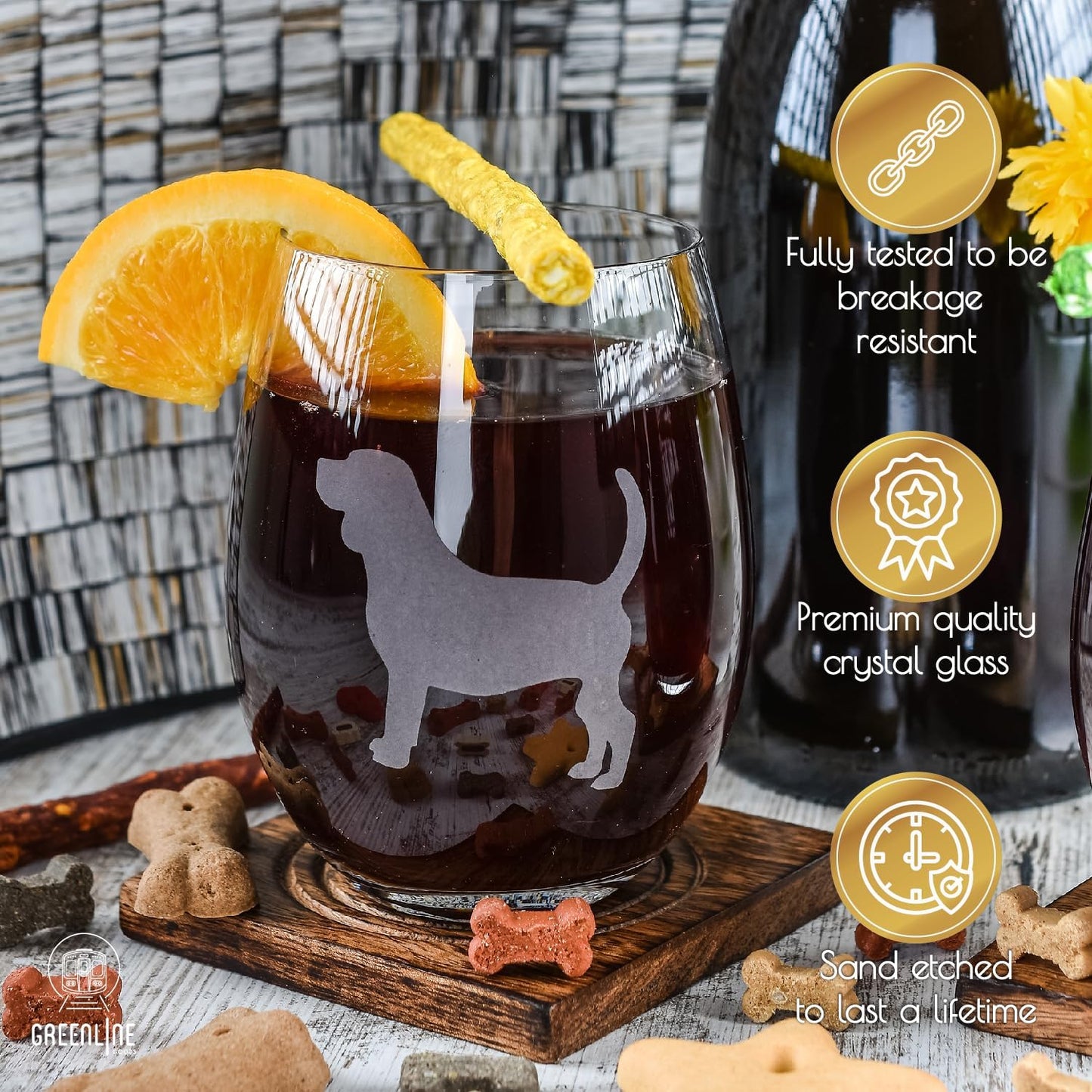 Beagle Stemless Wine Glasses (Set of 2) | Unique for Dog Lovers | Hand Etched with Breed Name on Bottom