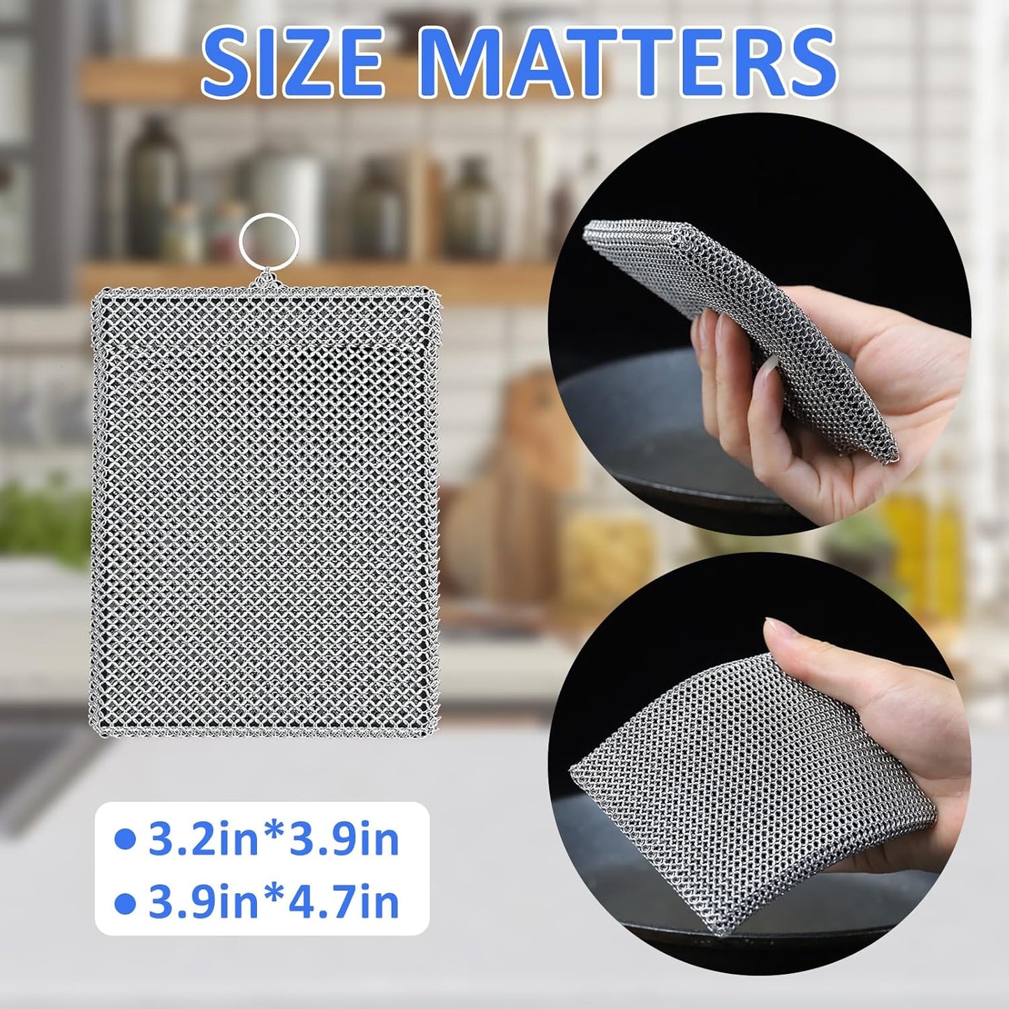 316L Stainless Steel Cast Iron Scrubber Cleaner,Chain Mail Scrubber with Silicone Insert for Cast Iron Skillet, Cleaning Steel Skillet, Wok, Carbon Steel (10CM*12CM)