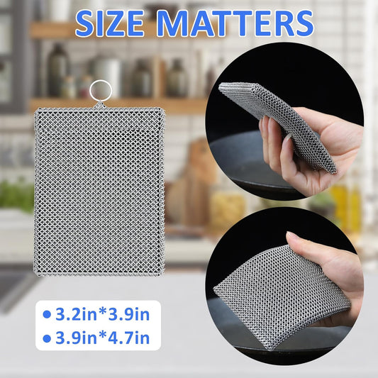 316L Stainless Steel Cast Iron Scrubber Cleaner,Chain Mail Scrubber with Silicone Insert for Cast Iron Skillet, Cleaning Steel Skillet, Wok, Carbon Steel (10CM*12CM)