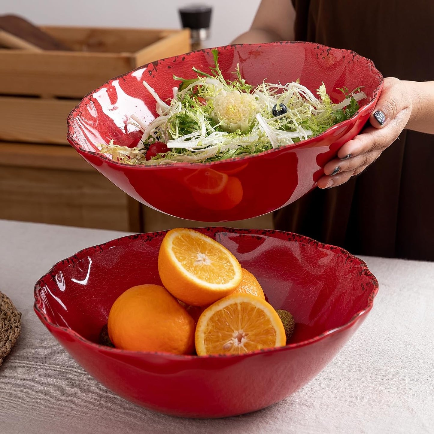 LEHAHA Rustic Crackle Melamine Serving Bowls, 130 OZ and 12 inches Waved Rim Salad Bowl,Unbreakable Pasta Bowls and Mixing Bowls, Set of 2, Pefect for Christmas and All Festivals