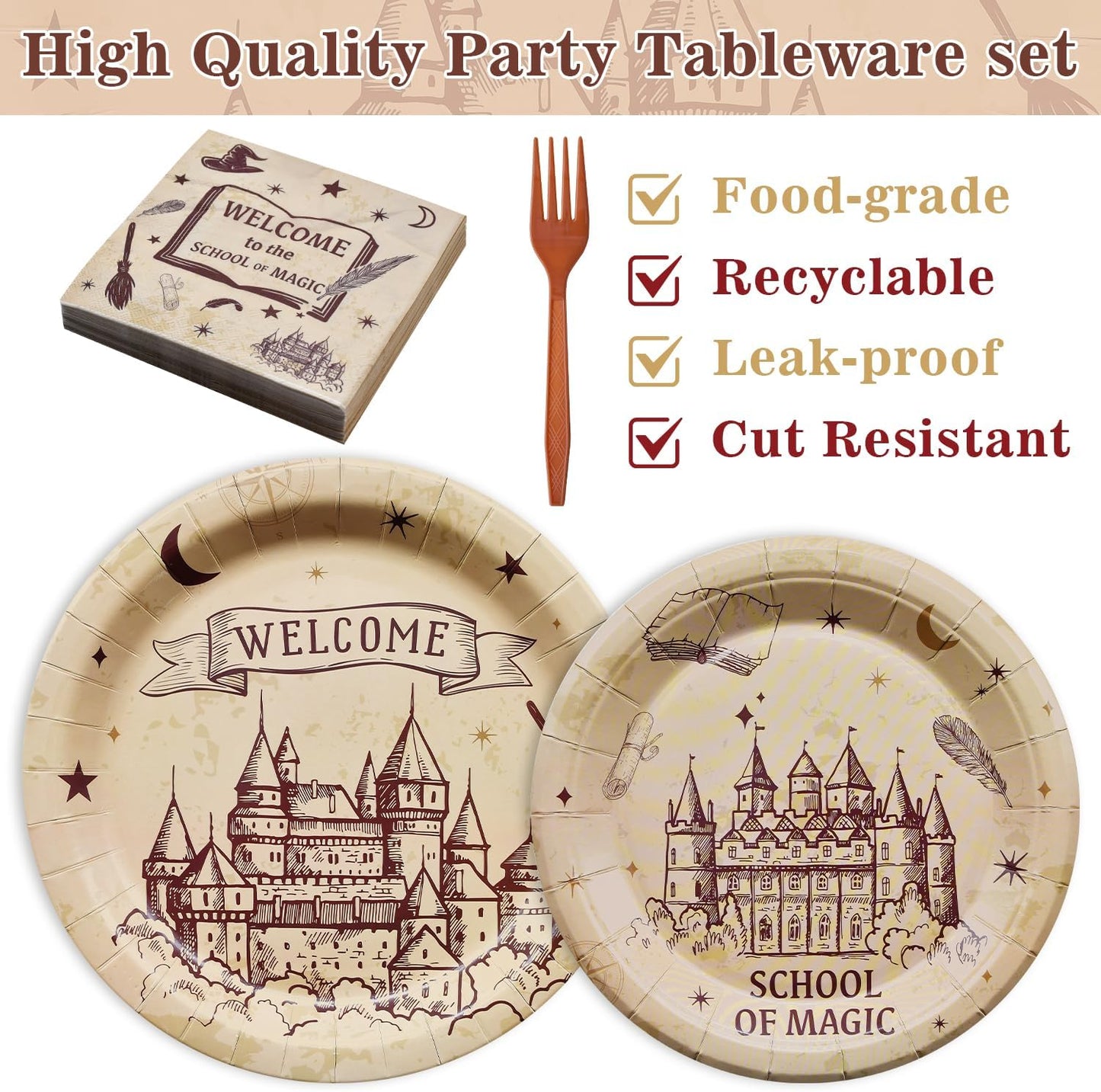 96 Pieces Wizard School Tableware Set – Magical Castle Disposable Dinnerware with Paper Plates, Napkins, Forks for Birthday, Halloween Events, Fantasy Celebrations for Kids Boys Girls Serves 24 Guests