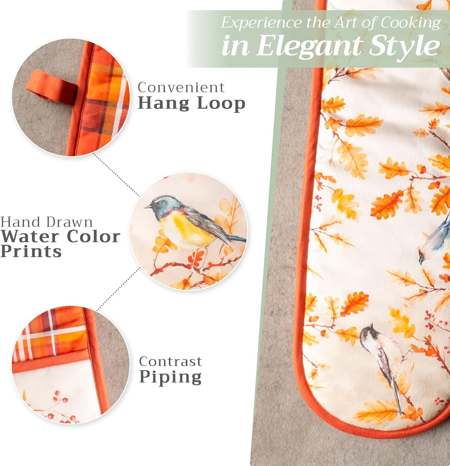 Maison d' Hermine Double Oven Mitt (7" x 35") 100% Cotton Heat Resistant BBQ Cooking Gloves with Loop for Thanksgiving Christmas Decorations Baking Cooking Barbeque Handling Hot Pan (Oak Leaves)