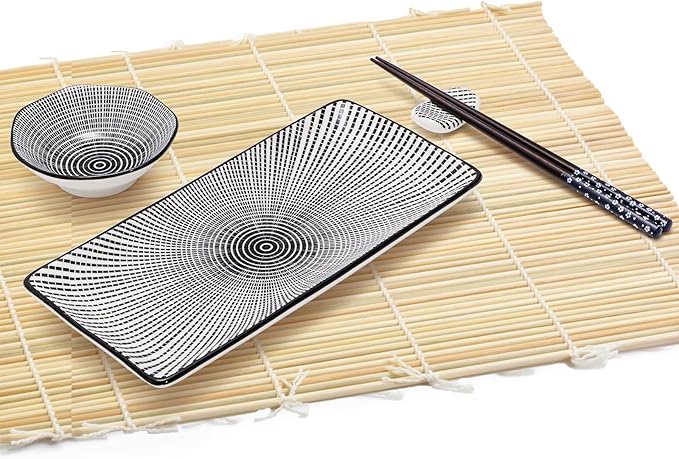 8 Pcs Sushi Plate Set, Ceramic Sushi Serving Set for 2, Japanese Sushi Dinnerware for Wedding Housewarming, Includes 2 Serving Dishes, 2 Sauce Bowls, 2 Pairs of Chopsticks, 2 Chopstick Holders