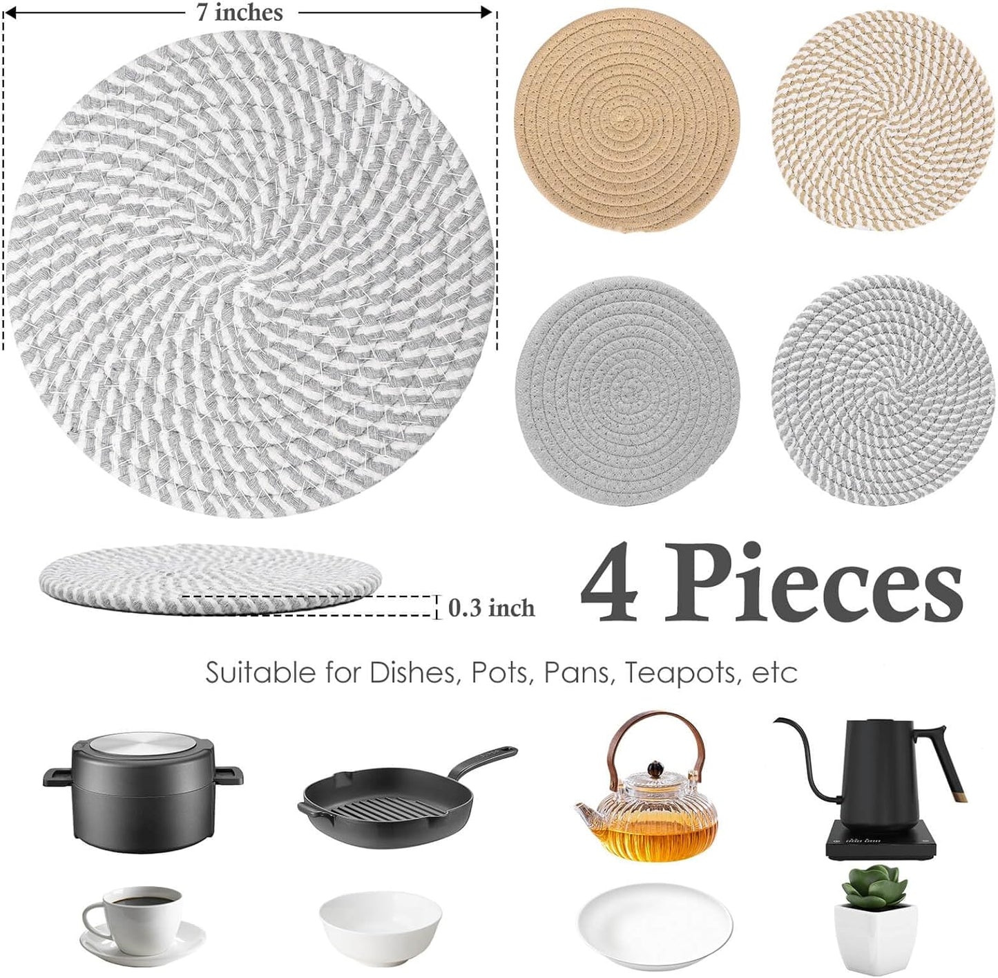 Billbotk 7" Trivets for Dishes, Pots and Pans, 4 Heat Resistant Hot Pads, Pot Holders for Kitchen, Plate Mats for Kitchen Decor (Gray & Brown)
