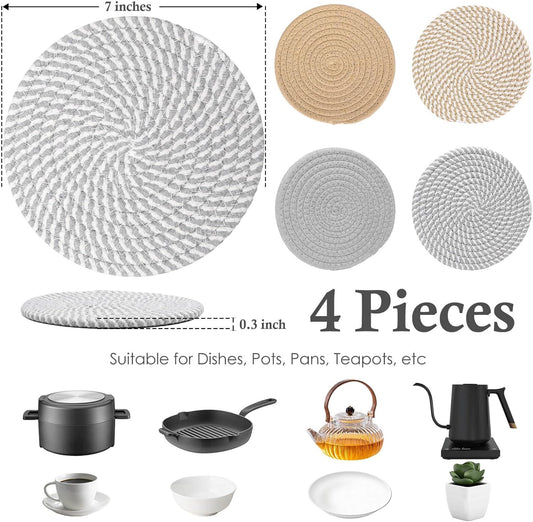 Billbotk 7" Trivets for Dishes, Pots and Pans, 4 Heat Resistant Hot Pads, Pot Holders for Kitchen, Plate Mats for Kitchen Decor (Gray & Brown)