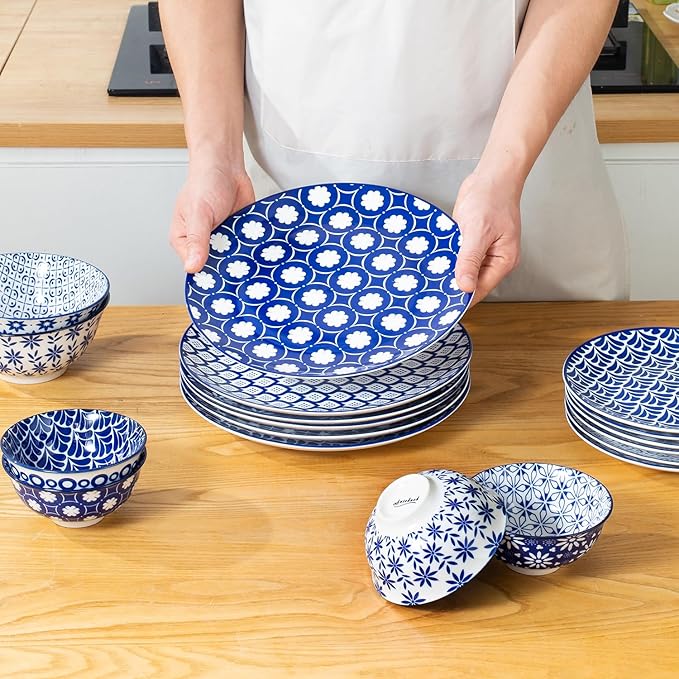AntoKueh Porcelain Dinner Plates Set of 6, 8 Inch Ceramic Plates - Blue and White Vintage Design for Salad, Pasta, Steak - Scratch, Chip Resistant, Dishwasher & Microwave Safe
