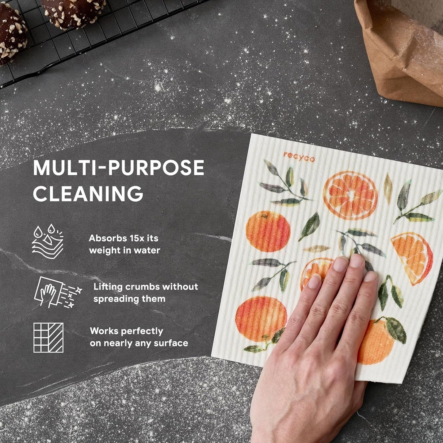 RECYCO Swedish Dishcloths for Kitchen | 5 Pack Washable Dish Rags | Cellulose Reusable Cleaning Paper Towels | Absorbent Counter Dish Cloth Sponge Kitchen Wipes, 8" L x 7" W