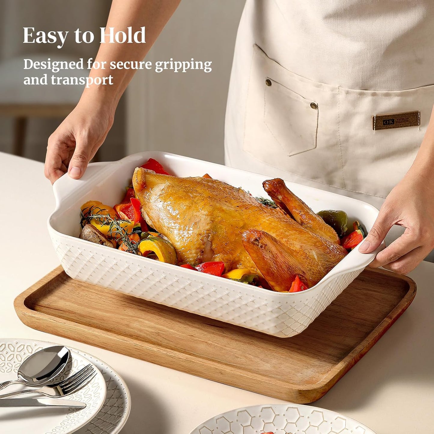 DOWAN 9x13 Deep Lasagna Baking Dish, Ceramic Casserole Dish for Oven, 4 Quarts Embossed Baking Pan with Handles, Oven Safe Bakeware for Roasting, Desserts, Durable & Giftable, Arctic White