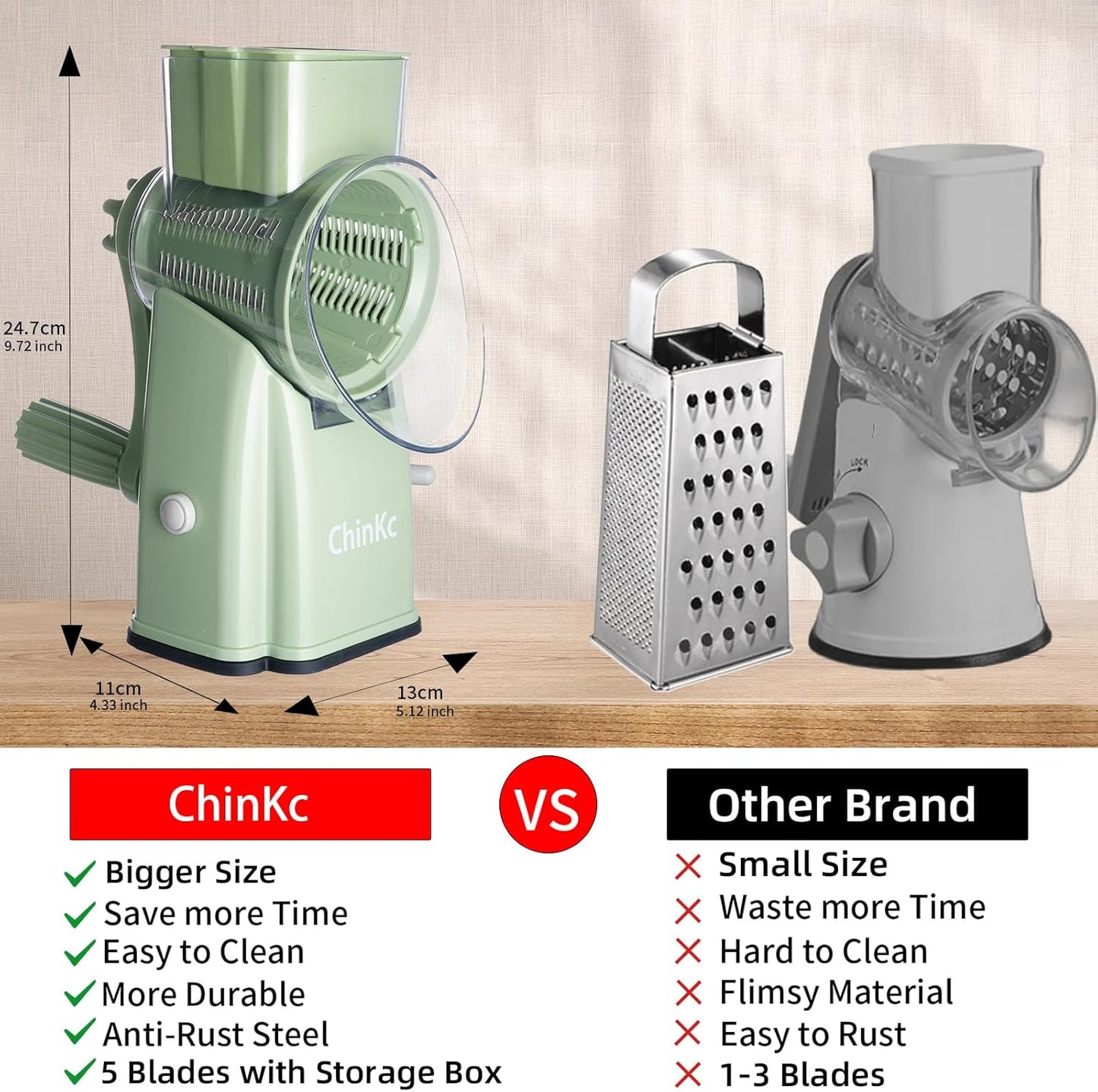 Rotary Cheese Grater Shredder - Upgraded 5 in 1 Cheese Grater with Handle and Strong Suction Base, Multi-purpose Julienne Slicer Ice Shaver Nuts Grinder for Ice, Vegetables, Fruit, Nuts