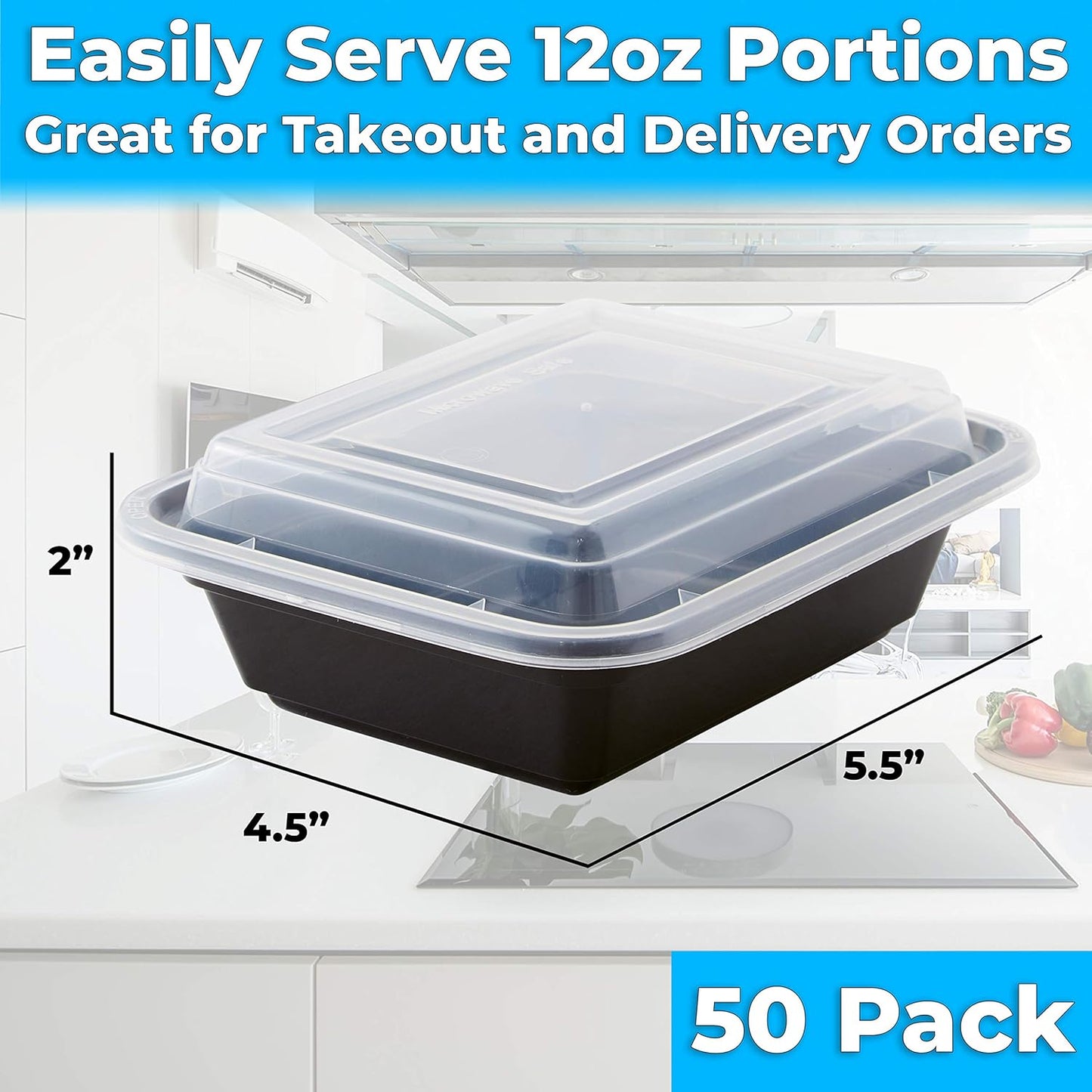 Pro Grade BPA-Free Plastic Containers with Lids 50ct. 12oz Leakproof Microwavable Portion Container for To-Go Orders, Food Prep and Storage. Reusable Bento Box for Restaurant Cafe and Catering.
