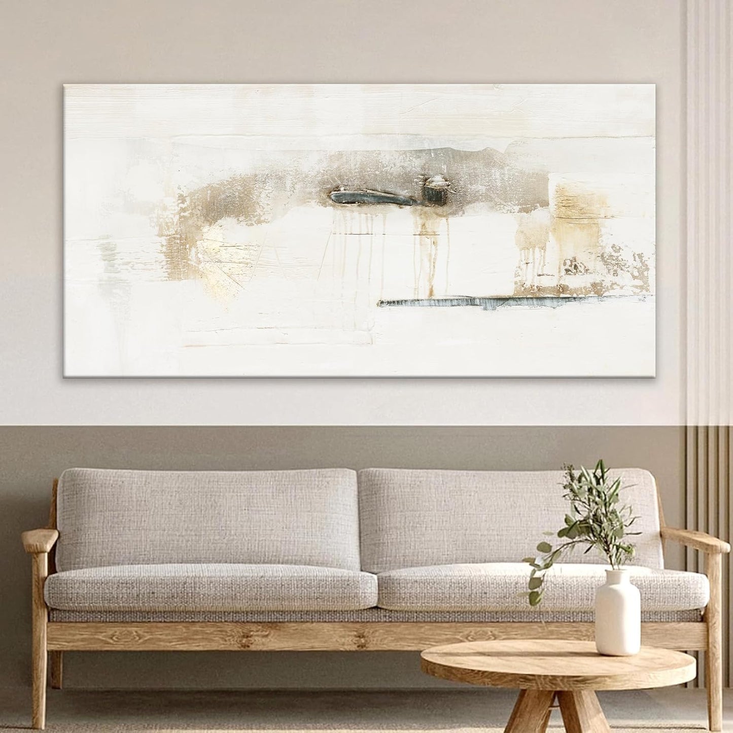 QSQ Abstract Wall Art Off White Large Size Artwork Wall Decor Canvas Painting Stretched Canvas Wooden for Living Room Bedroom Office Home Decor ready for hanging 29"x58"