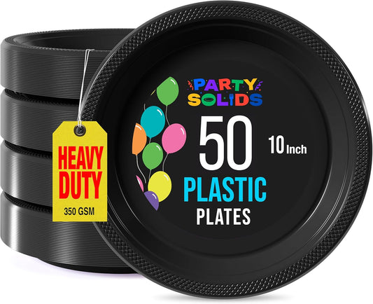 Exquisite Party Solids Black Plastic Plates For Party Supplies 10" Black Disposable Plates Heavy Duty 50 Pcs Plastic Dinnerware Sets Heavy Duty 350 GSM Disposable Dinnerware Set