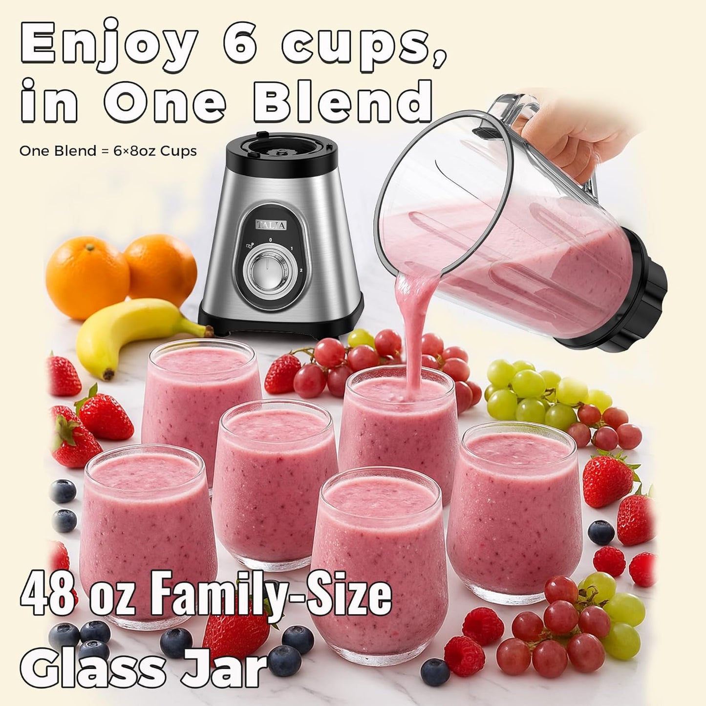 TALIA Smoothie Blender for Ice Crushing & Shakes, 750W Countertop Blenders with 48oz Glass Jar & 6 Stainless Steel Blades, High-Speed Blender for Smoothies Frozen Fruit & Nut Butter