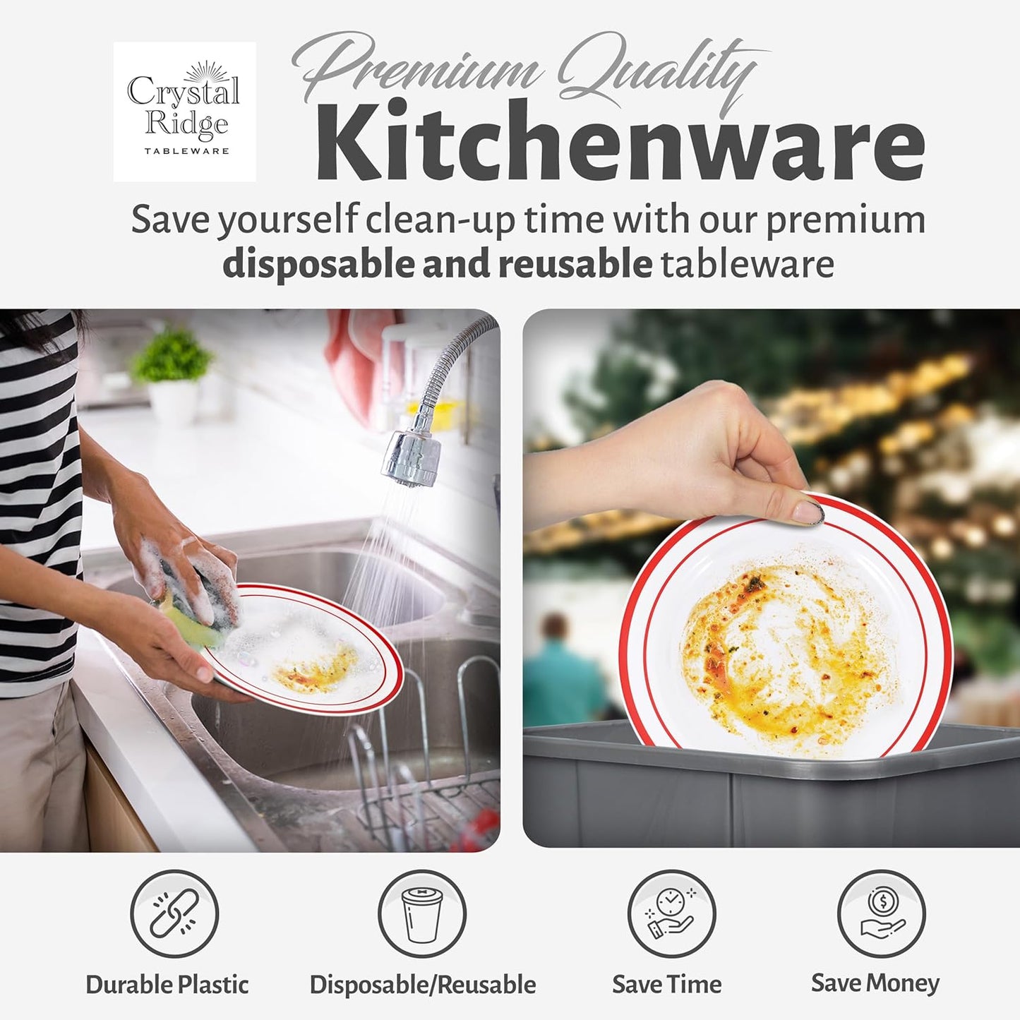 60 Pieces White Plastic Disposable Plates - Premium Heavy-Duty 30 Dinner Plates & 30 Salad Plates with Red Rim Ideal for Party, Birthday and Special Events