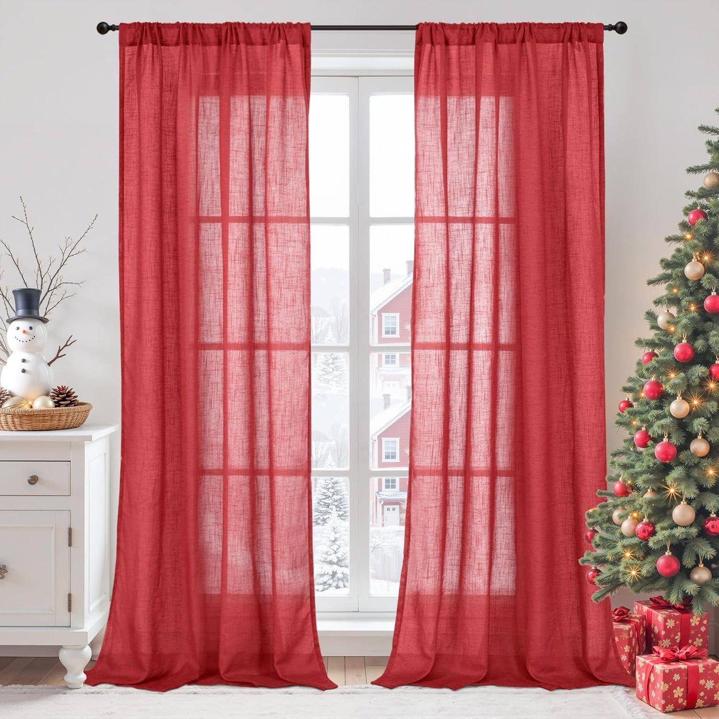 BGment Red Linen Curtains 84 Inch Length 2 Panels Set for Living Room, Window Drapes Lightweight Semi Sheer Textured for Farmhouse Bedroom Party Christmas Party Decor Rod Pocket, Each 42 Inch Wide