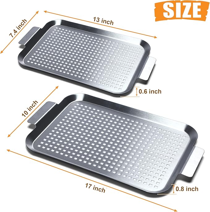 Grill Pan Set of 2, BBQ Grill Topper for Outdoor Grill, Stainless Steel Grilling Baskets with Holes and Handles, Perforated Food Tray Barbecue Accessories for Vegetable, Fish, Meat, Seafood