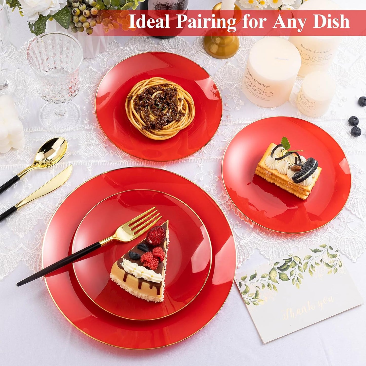 100PCS Red Plastic Plates, Red Disposable Plates for Party, Graduation, Include 50 Dinner Plates, 50 Dessert Plates for 50 Guests
