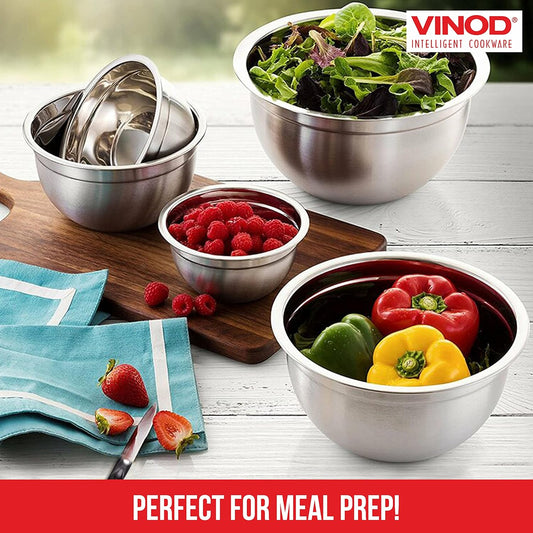 Vinod Cookware Stainless Steel Mixing Bowls with Lids - Heavy Duty Flat Bottom Stackable Mixing Bowl Set - Bowls for Meal Prep, Cooking, Mixing & Serve - Space Saving & Easy Clean - Set of 5