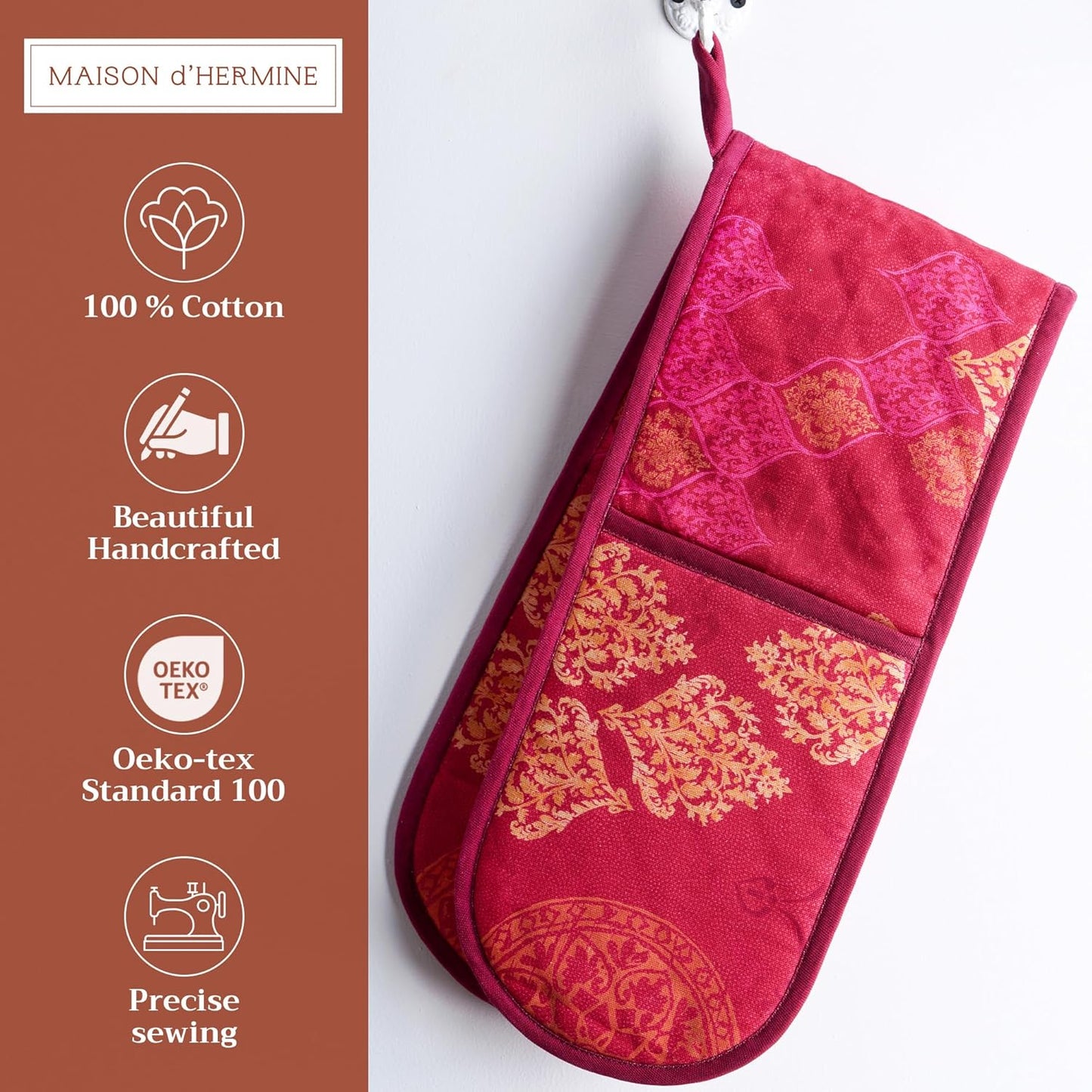 Maison d' Hermine Double Oven Mitt (7" x 35") 100% Cotton Heat Resistant BBQ Cooking Gloves with Loop for Thanksgiving Christmas Decorations Baking Cooking Barbeque Handling Hot Pan (Versailles)