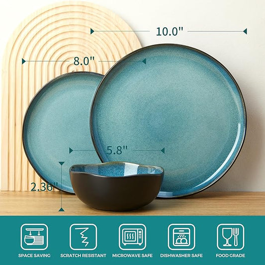 18 Piece Dinnerware Sets for 6, Green Black Reactive Glaze Stoneware | Irregular Artisan Style for Family Dinners, Weekend Gatherings | Scratch‑Resistant, Microwave & Dishwasher Safe