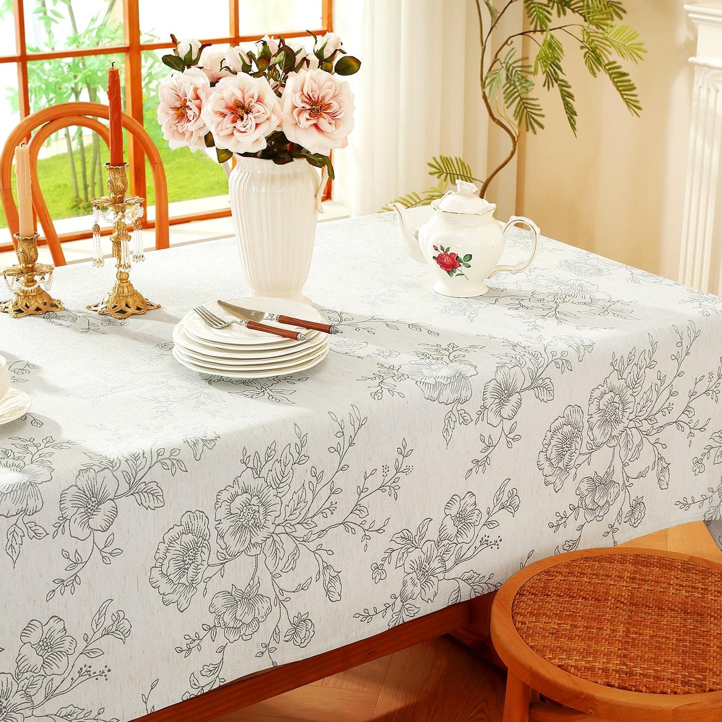 Chassic Premium Vintage Farmhouse Damask Floral 60 x 120 inch Rectangle Table Cloth – Water Resistant Linen Textured Jacquard Tablecloth for Kitchen Dining & Picnic Decor - Grey