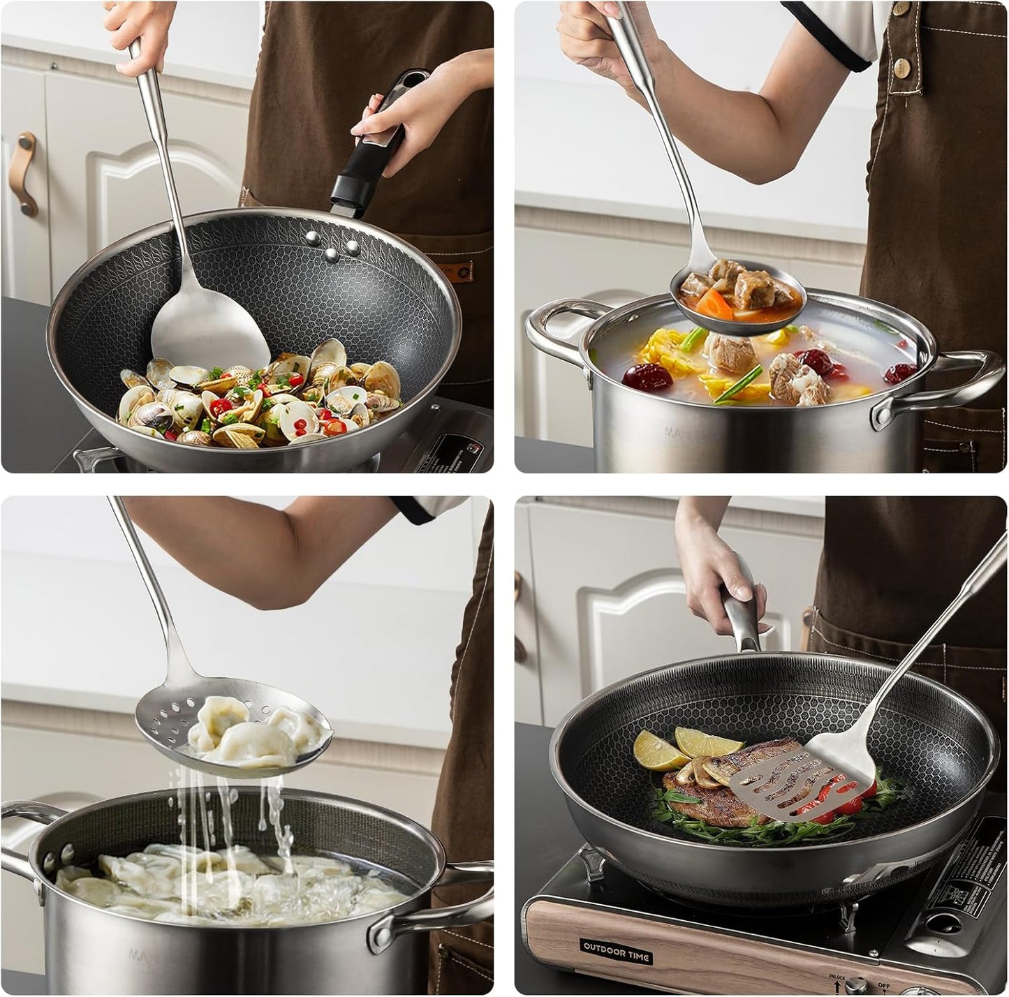 5 Pieces Cooking Utensils set, 18/8 Stainless Steel Kitchen Utensil Set with Rotating Holder (Dishwasher Safe)