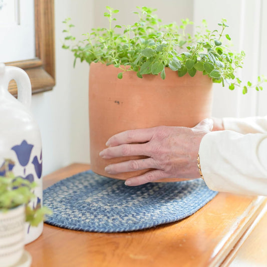 Homespice Denim Premium Jute Braided Placemat Set of 4 Oval 10x15 Blue, Navy, White Reversible, Natural Jute Yarn Rustic, Country, Primitive, Farmhouse Style