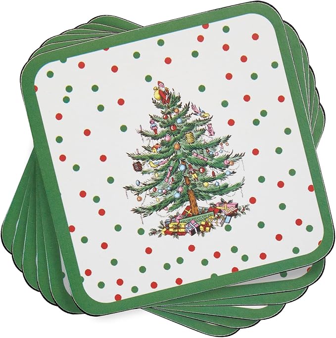 Pimpernel Polka Dot Coaster Set – 4-Inch Square Cork-Backed Drink Mats with Lacquered Finish, Heat & Stain Resistant Tabletop & Dining Accessories, Decorative Coffee, Tea & Beverage Protection