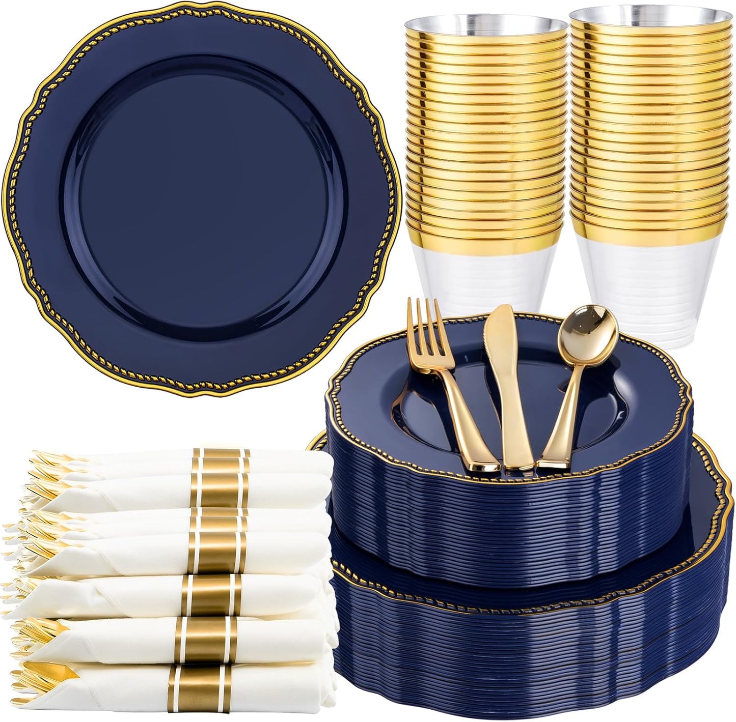 Hioasis 175pcs Blue Gold Plastic Plates - Gold Plastic Dinnerware Set Includes 25 Dinner Plates, 25 Dessert Dinnerware, 25 Cups, 25 Napkins Perfect for Wedding & Party