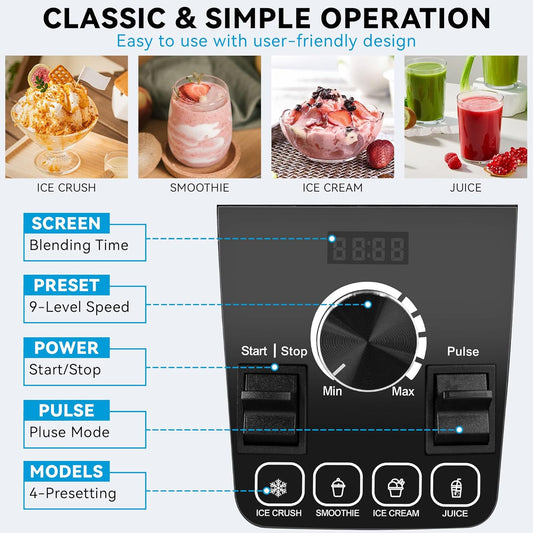 Pukomc Blender for Smoothies with 65Oz Large Capacity, 1200W Powerful Motor Blenders for Kitchen, 4 Presetting & 9 Speeds, Countertop Blenders for Ice Crush, Ice Cream, Frozen Drinks, with LED Display