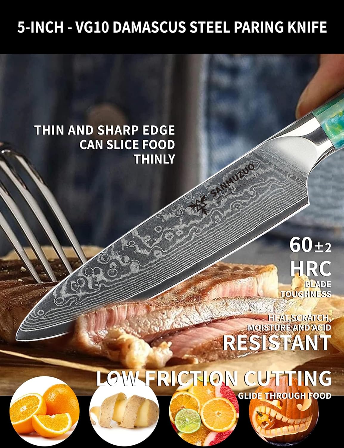 5 Inch Kitchen Utility Knife - Xuan Series Kitchen Knives - VG10 Damascus Steel with Resin Handle (Jade Green)