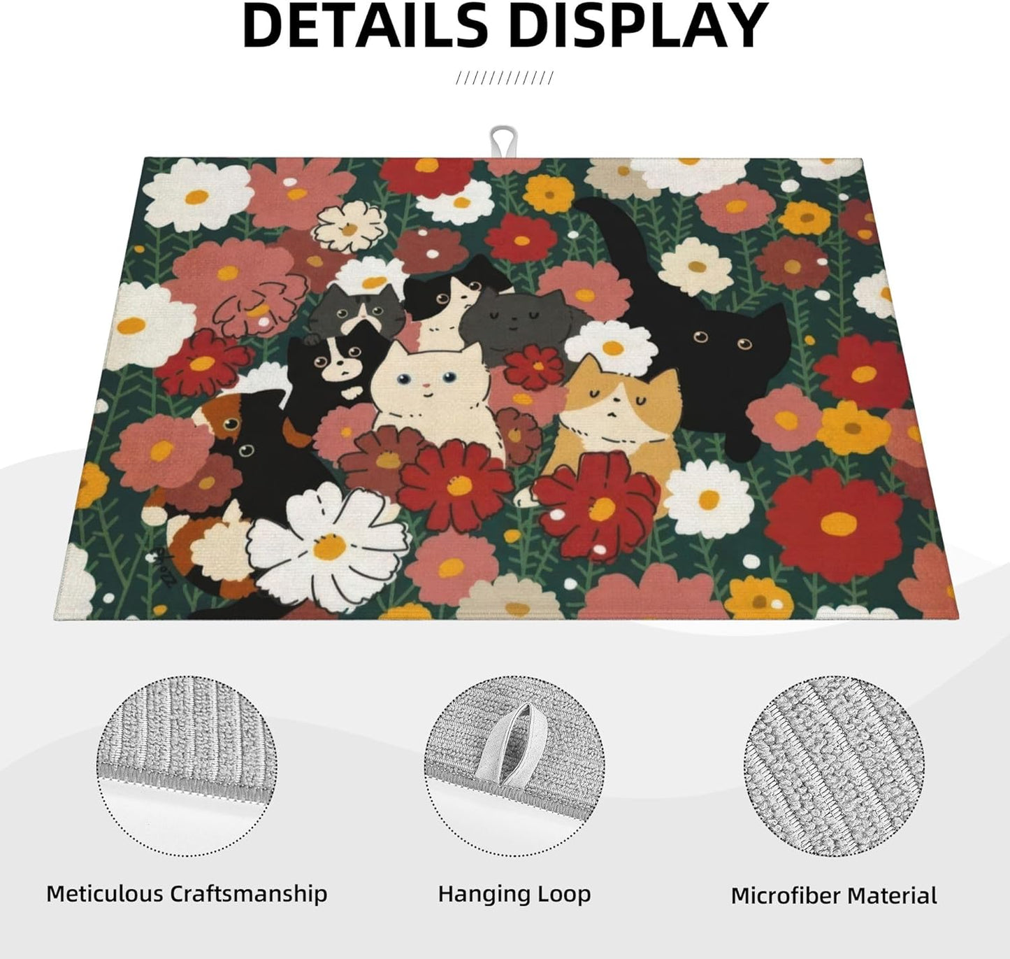 Cute Cat Flowers Dish Drying Mat 18x24 Inch, Microfiber Absorbent Fast Dry Mat Colorful Floral Large Dish Mat Drying Kitchen Mat, Kitchen Drying Pad for Kitchen Counter Coffee Bar Decor Gifts