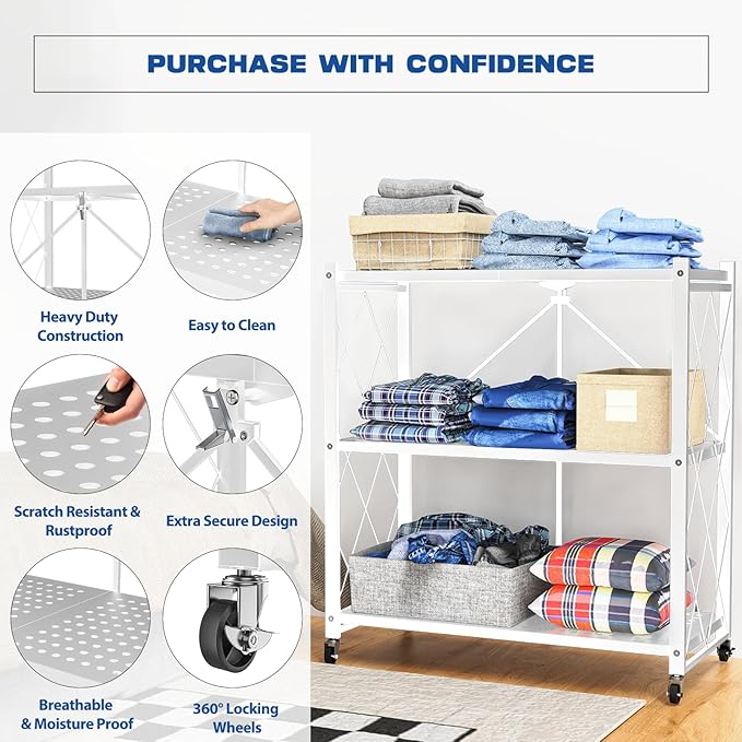 Lifetime Home 3-Tier Foldable Storage Shelf with Wheels - Metal Rack Collapsible Shelving Unit Display, Rolling Cart for Books Kitchen Storage Shelves, Pantry & Closet Organizer, Office Room Decor