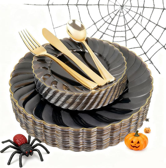 YOUBET 125PCS Clear Black Plastic Plates - Black and Gold Disposable Plates Include 50 Plate, 75 Silverware for Wedding & Party & Birthday & Halloween