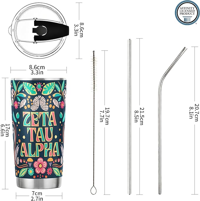Zeta Tau Alpha Paraphernalia Officially Licensed - 20 oz Stainless Steel Insulated Sublimation Tumbler - Colorful