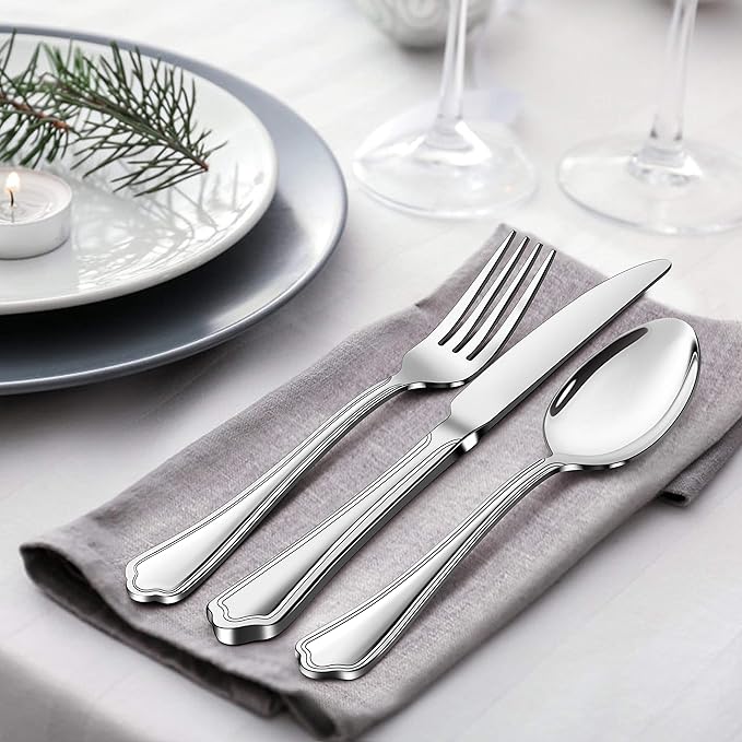 LIANYU 65-Piece Silverware Flatware Set for 10, Plus Steak Knives and Serving Utensils, Stainless Steel Flatware Cutlery Set, Eating Utensils Tableware with Scalloped Edge, Dishwasher Safe