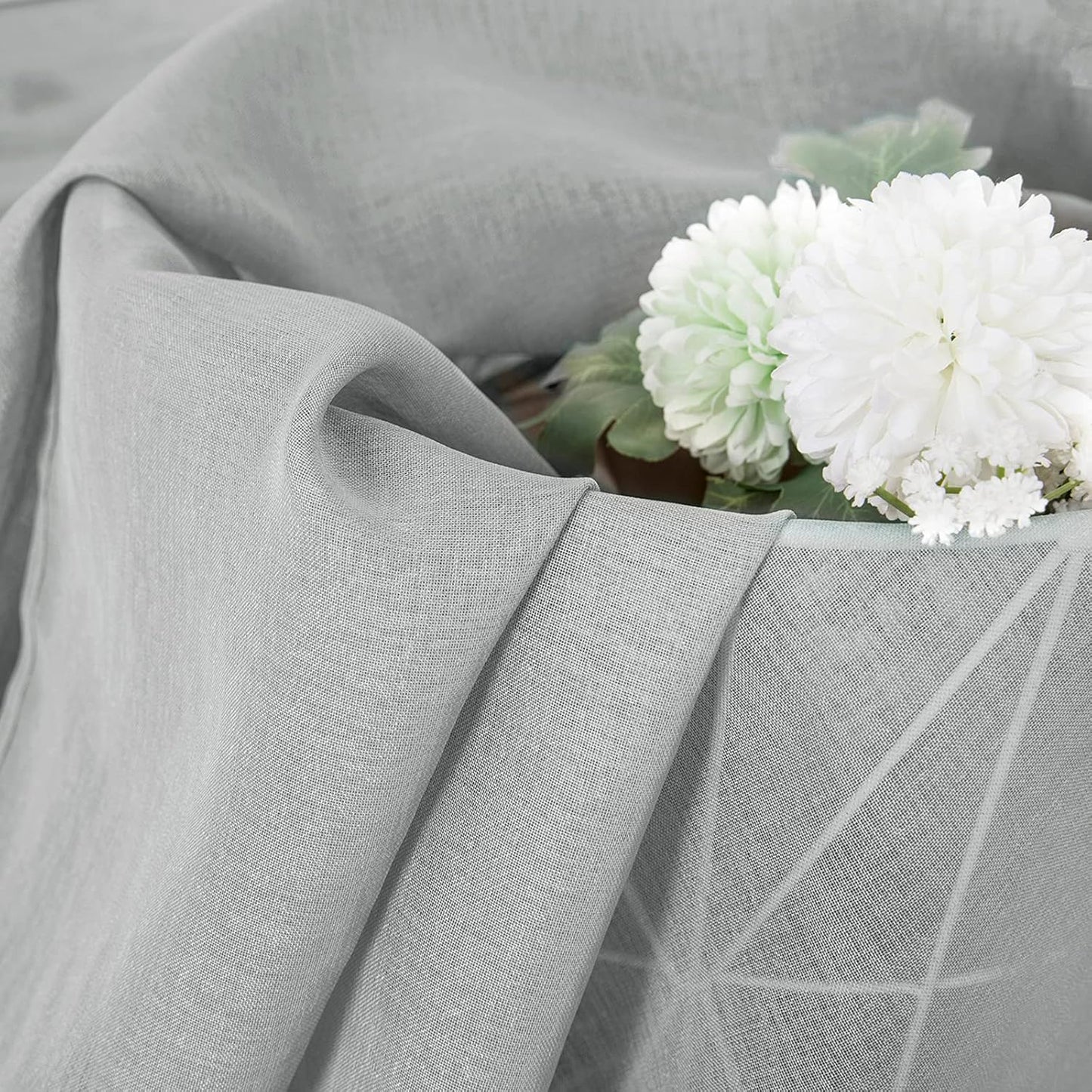 Tollpiz Short Sheer Curtains Living Room Linen Textured Curtain Sheers Light Filtering Voile Rod Pocket Curtains for Bedroom, 38 x 45 inches Long, Silver Grey, Set of 2 Panels