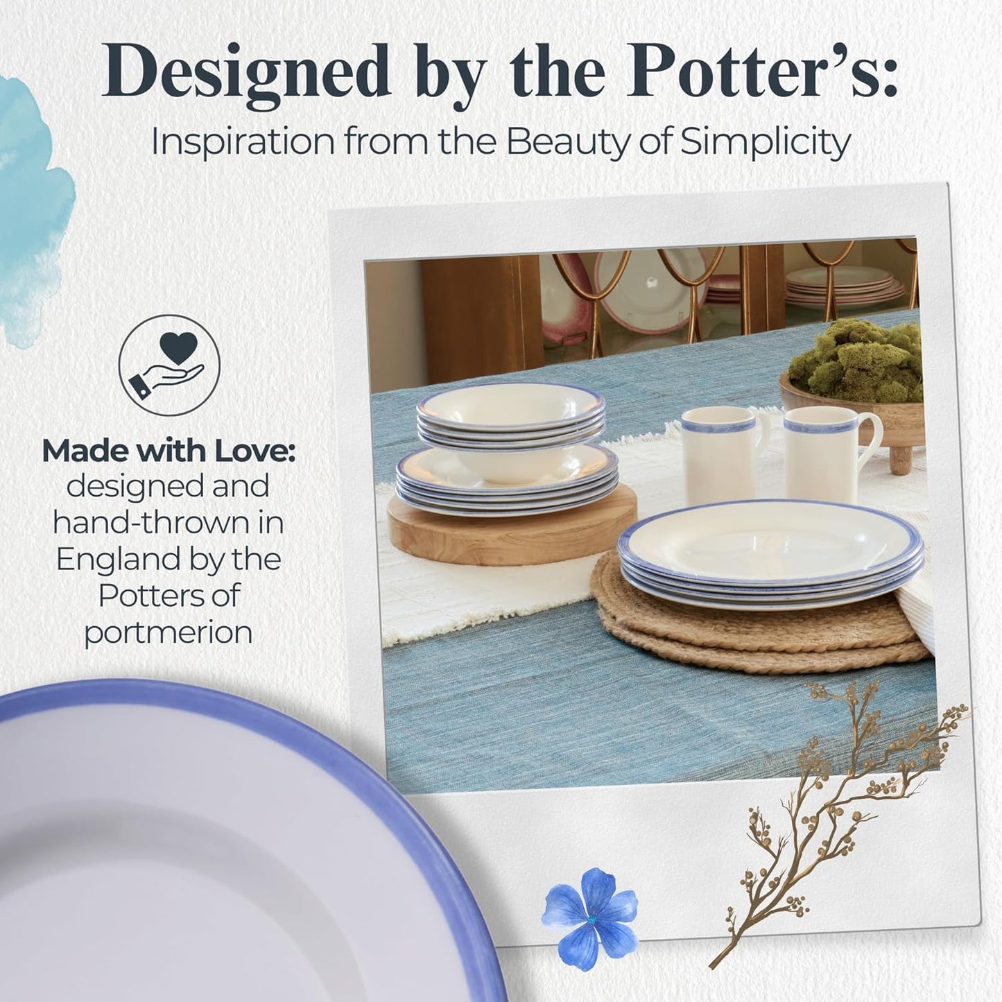 Portmeirion Potter's Brushstroke Dinner Plate (Set of 4) - 8" Earthenware Plates with Classic Brushstroke Rim - Microwave, Dishwasher, Freezer, Oven Safe - Ideal Modern Dinnerware Set (Blue)