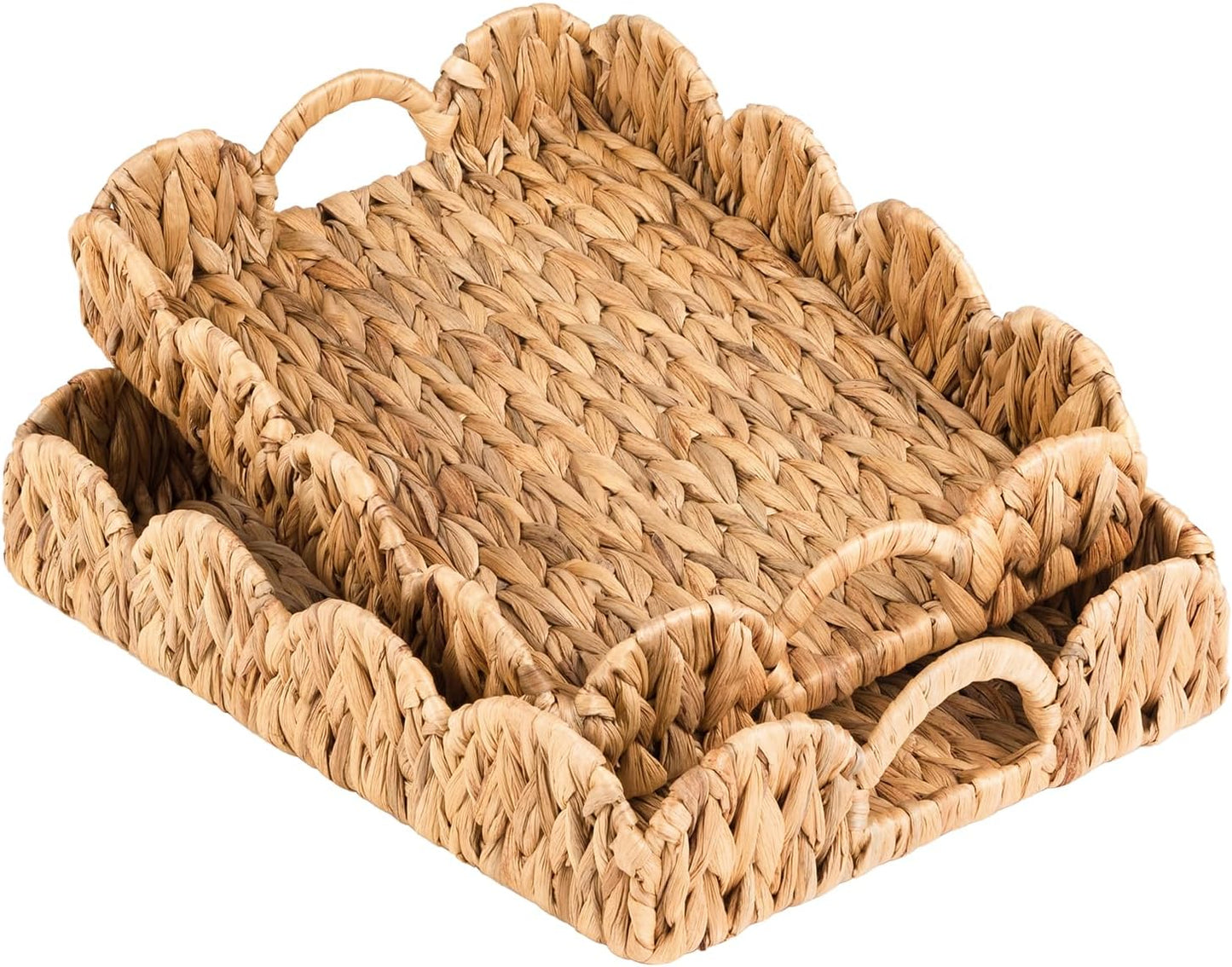Large Rectangle Serving Tray, 2-Pack Rattan Scalloped Tray with Handles, Wicker Trays for Decor, Hand-Woven Water Hyacinth Coffee Table Tray for Home Decoration