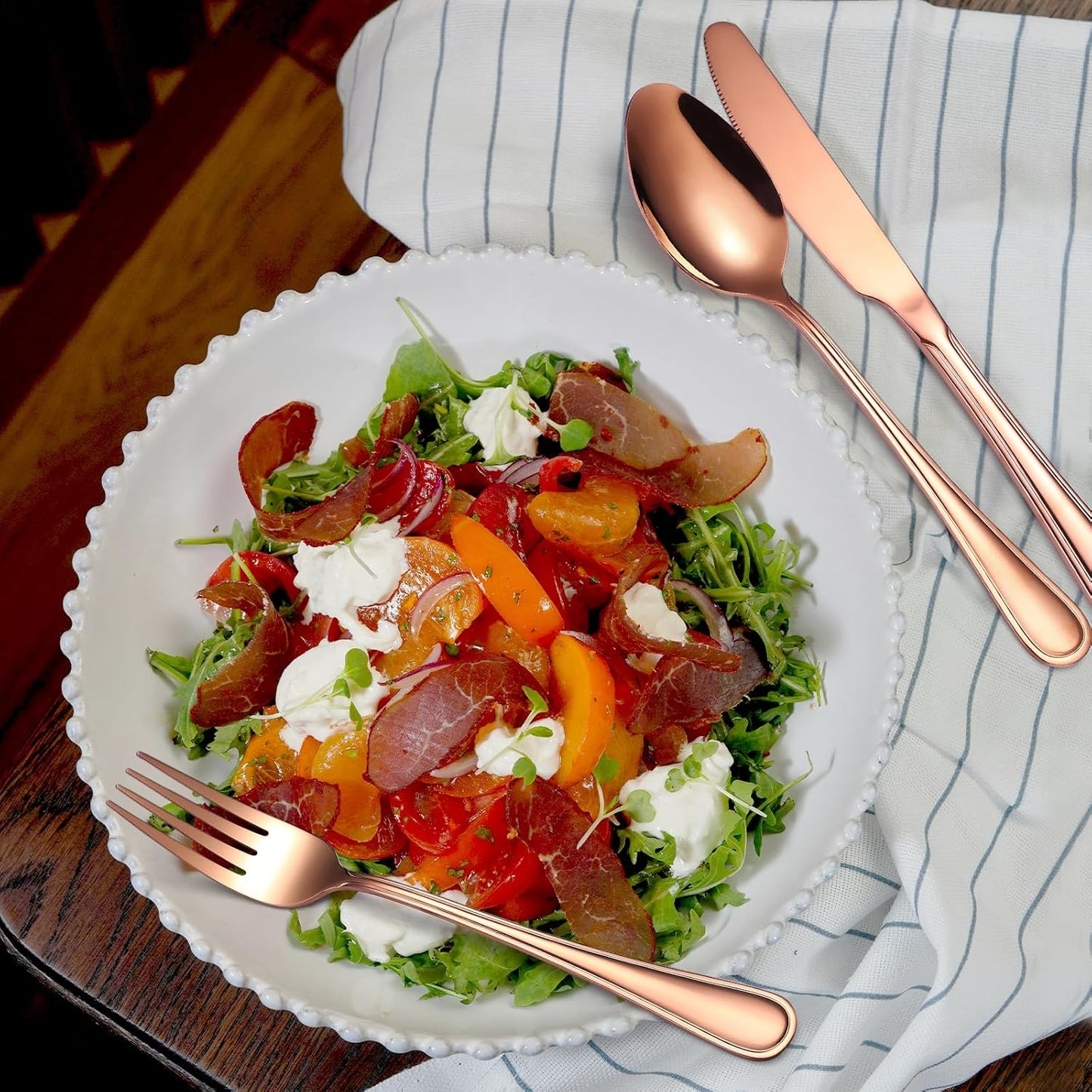 20 Pieces Rose Gold Flatware Set for 4 Person Luxury Stainless Steel Cutlery Forks Knives Spoons Modern Eating Utensils Double Line Edges Handle