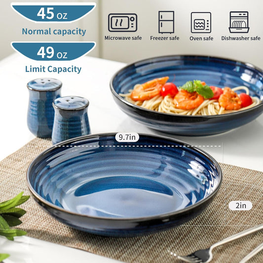 Hasense Large Pasta Bowls, 9.7 Inch Ceramic Salad Bowls for Kitchen, 49 oz Serving Dishes for Salad, Soup, Fruit, Pasta, Blue Shallow Dinner Plates Set of 2, Dishwasher Microwave Safe