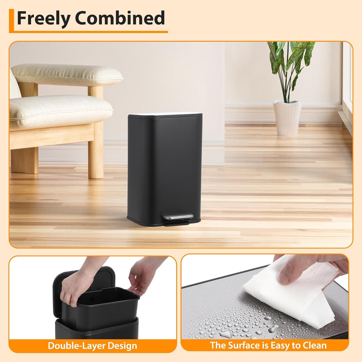 Trash Can with Lid, 5.3 Gallon Stainless Steel Garbage Bin for Kitchen, Rectangular Trash Can with Step-On Pedal and Inner Bucket for Home Office Bathroom Living Room (20 L, Black)