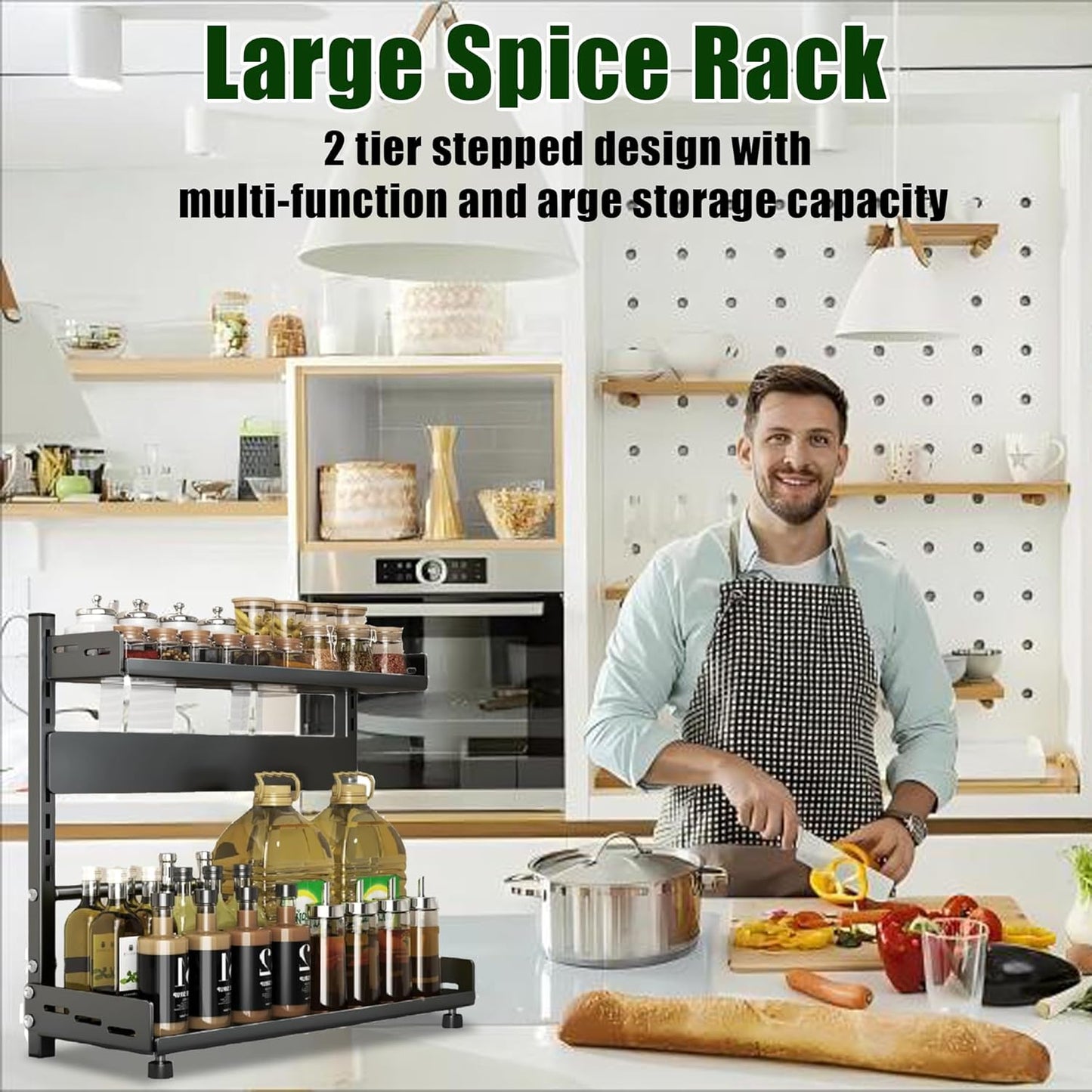 Spice Organization for Cabinet | 2 Tier Standing Height-Adjustable Spice Rack | Large Metal Rust-Proof Seasoning Organizer | Kitchen Storage Organization Shelf for Pantry Bathroom (2-40CM Black)