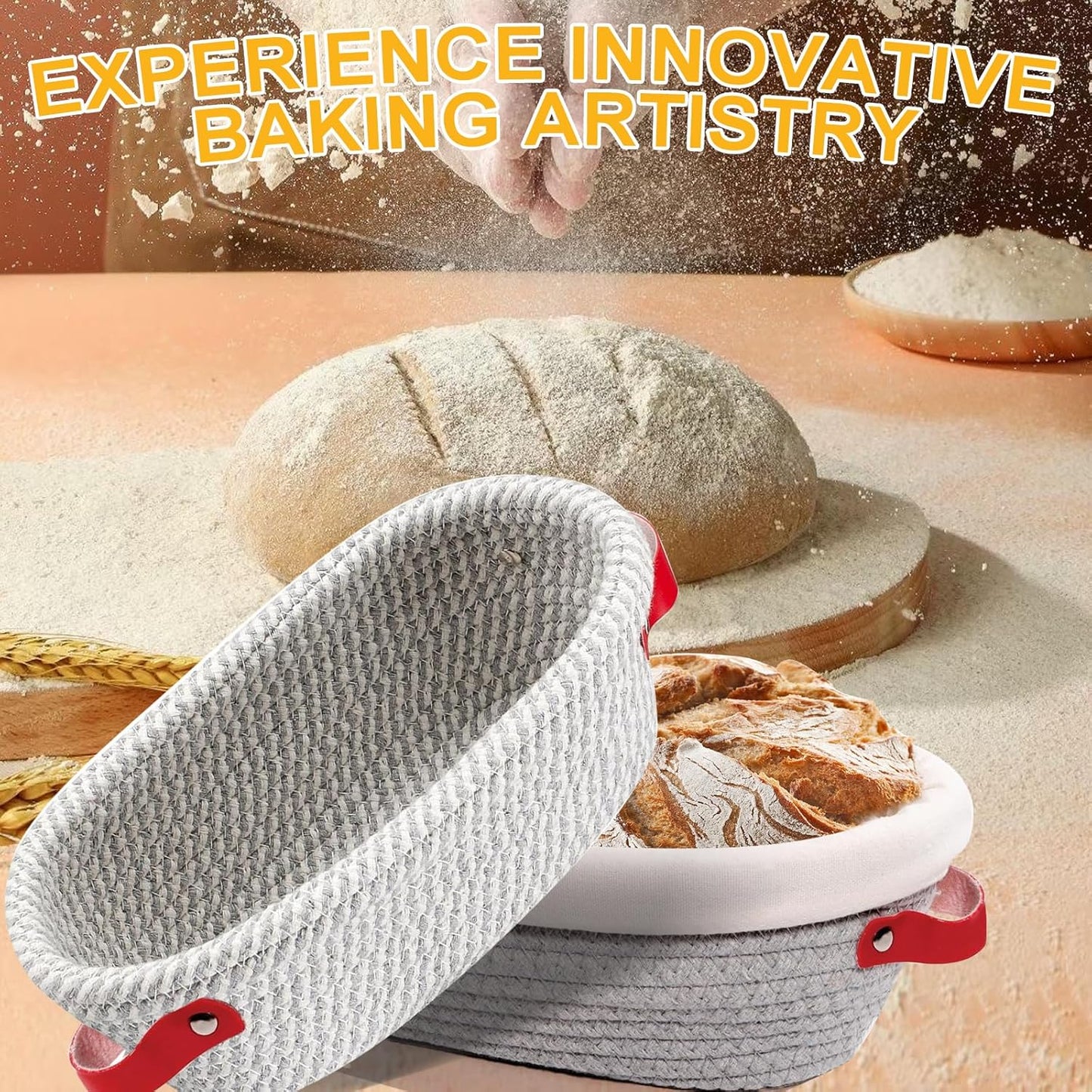 10 Inch Oval Cotton Rope Banneton Bread Proofing Basket Banneton Basket Set of 4 Sourdough Bread Baking Supplies with Liner & Cover