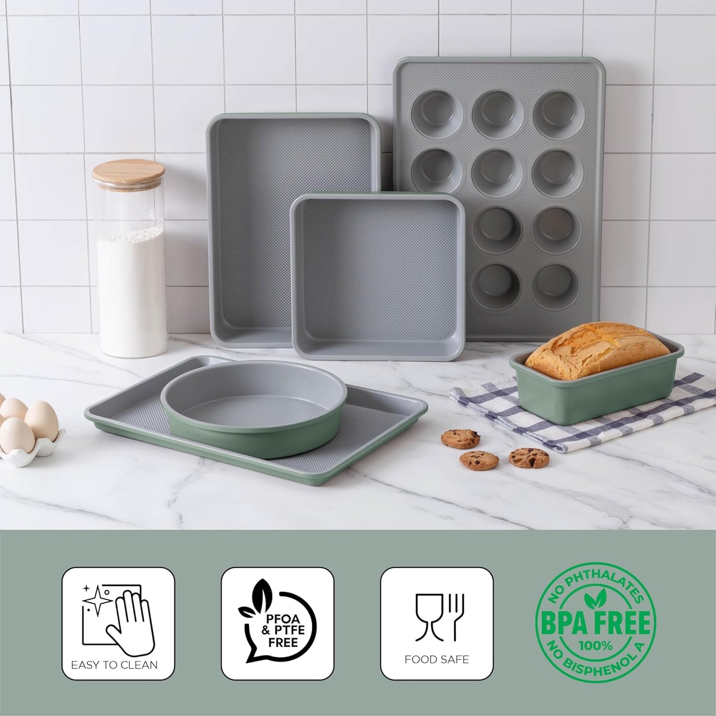 Country Kitchen Nonstick Stackable Bakeware Set - Durable, Easy Release Baking Set, Sage, 6 Pcs