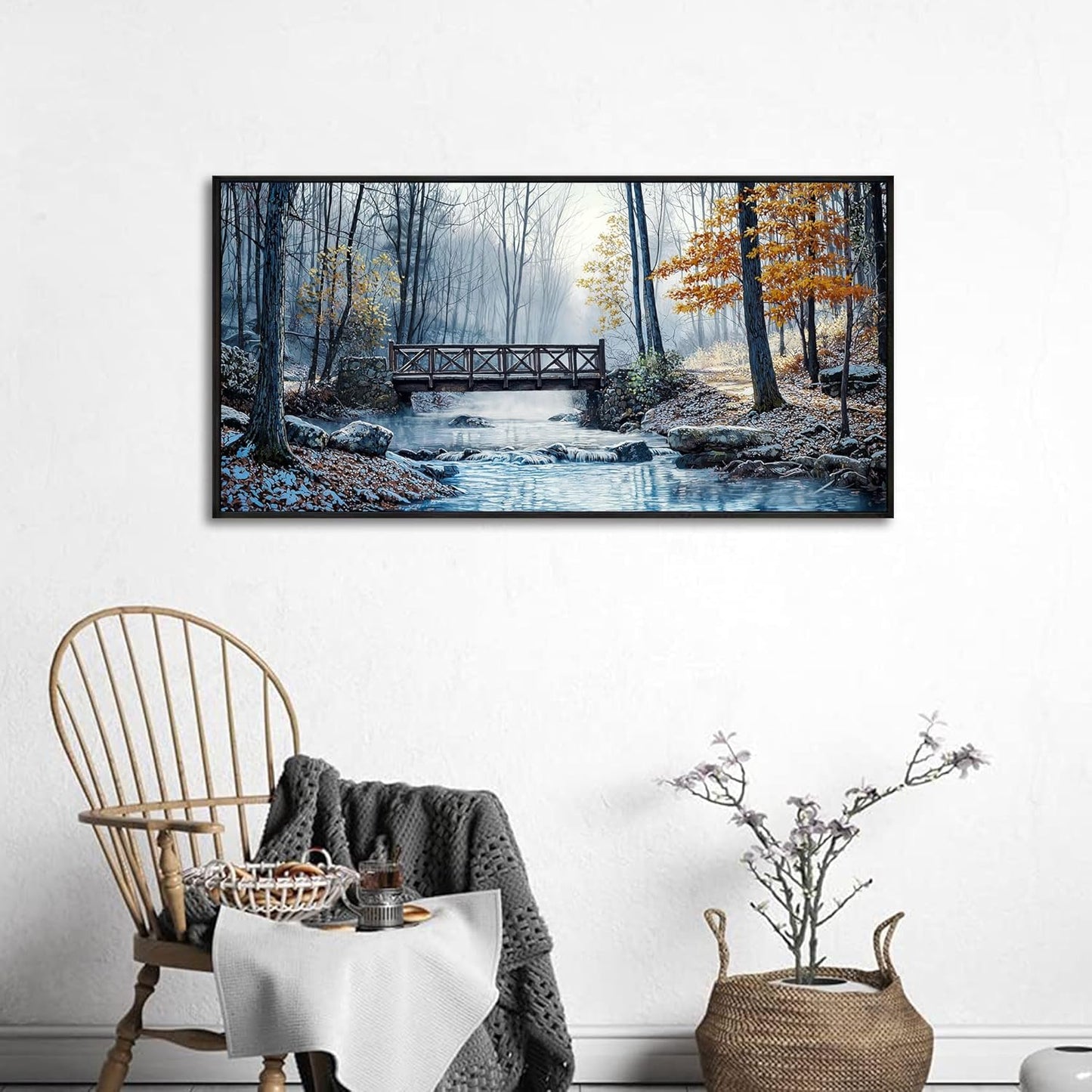 yiijeah Living Room Wall Art - Modern Wall Decor for Bedroom Office Decor Mountain Forest Landscapes Village Bridge Painting Framed Canvas Prints Ready to Hang Wall Pictures Home Decor