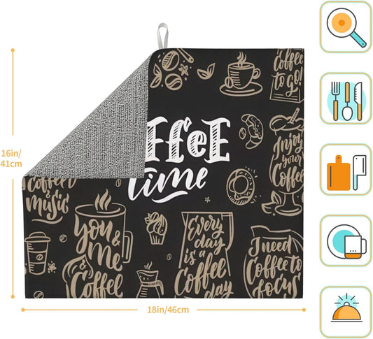 Coffee Time Dish Drying Mat 16x18 Inch, Microfiber Absorbent Fast Dry Mat Large Dish Mat Drying Kitchen Mat, Kitchen Drying Pad for Kitchen Counter Coffee Bar Decor Gifts